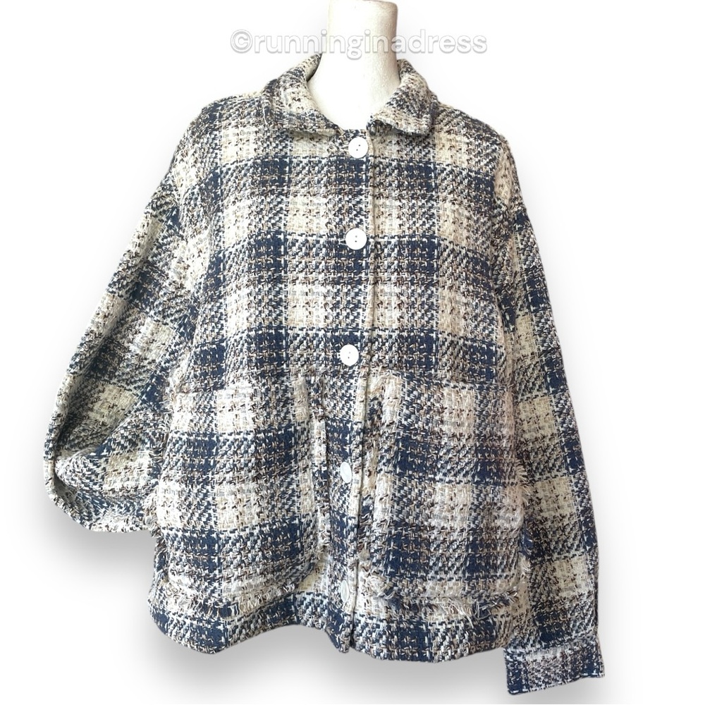 NWT BlankNYC Cropped Tweed Jacket In Blue Cream Plaid Size Large - Picture 9 of 16